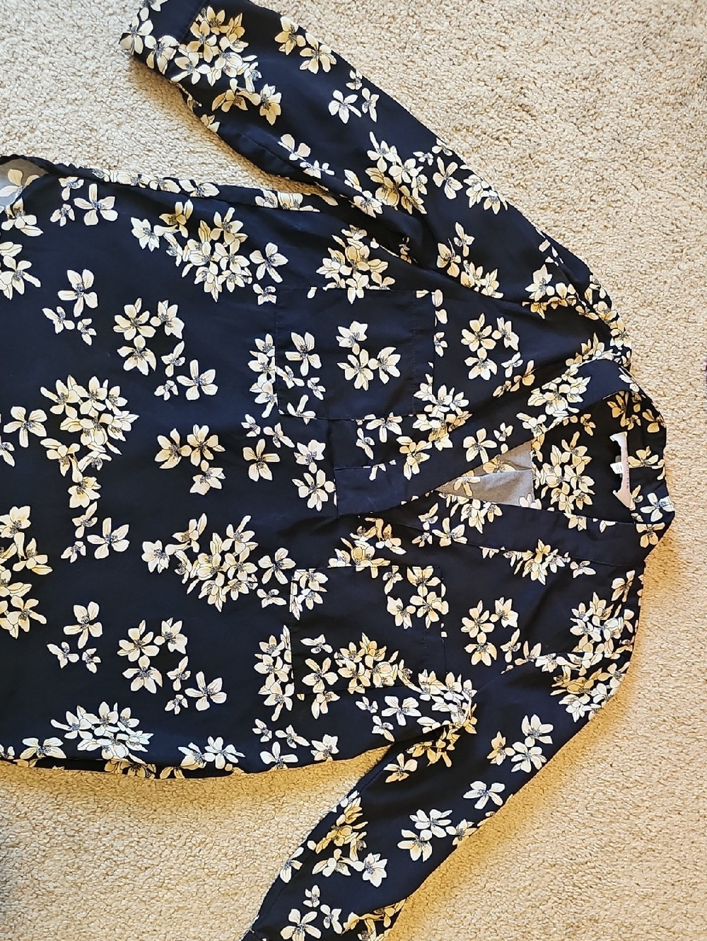 Alice Blue Navy Floral Long-Sleeve Blouse with White Blooms